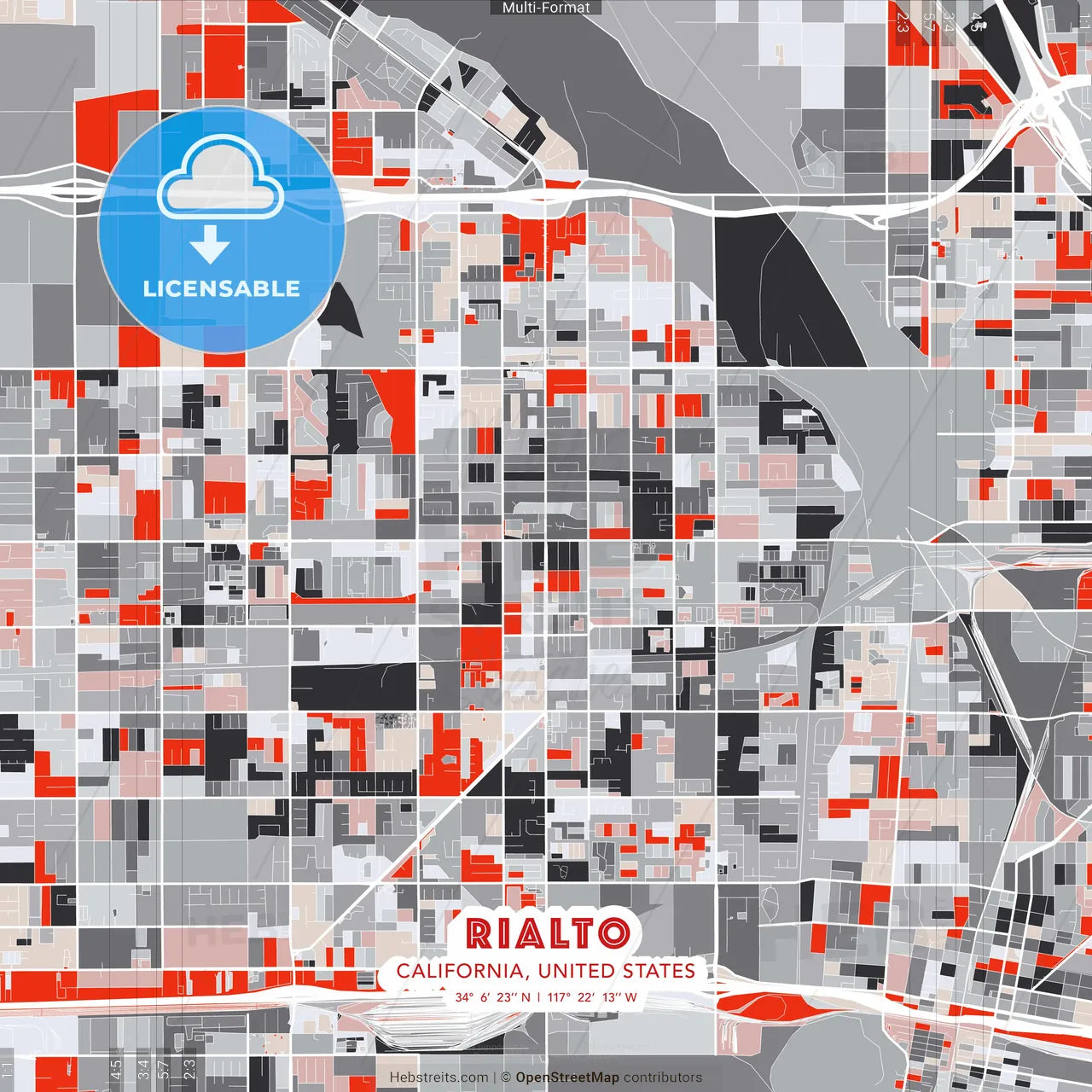 Rialto, California, United States - modern street map poster template with gray and red tones