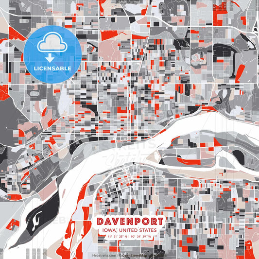 Davenport, Iowa, United States - modern street map poster template with gray and red tones