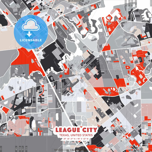 League City, Texas, United States - modern street map poster template with gray and red tones