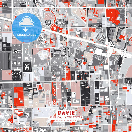 Davie, Florida, United States - modern street map poster template with gray and red tones