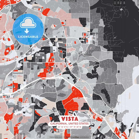 Vista, California, United States - modern street map poster template with gray and red tones