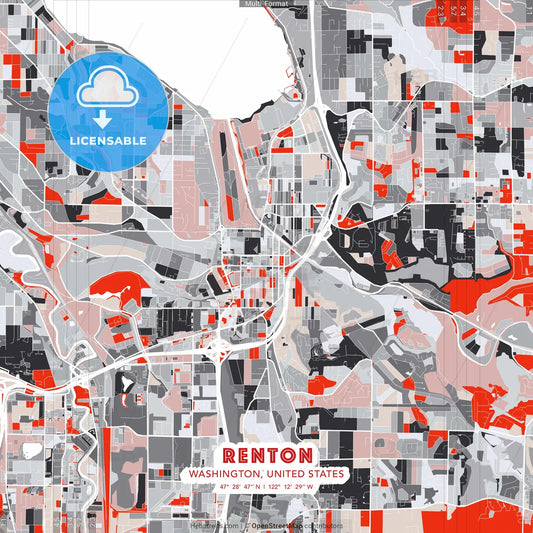 Renton, Washington, United States - modern street map poster template with gray and red tones