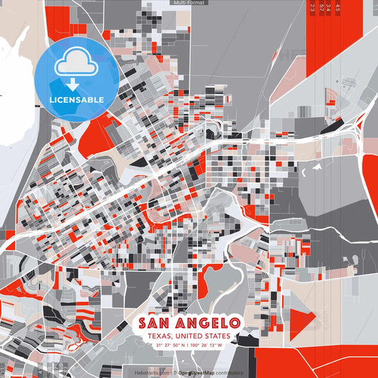 San Angelo, Texas, United States - modern street map poster template with gray and red tones
