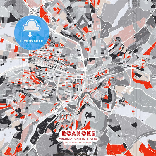 Roanoke, Virginia, United States - modern street map poster template with gray and red tones