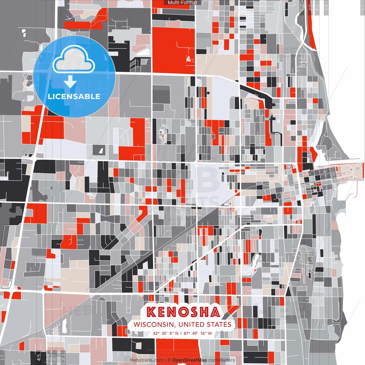 Kenosha, Wisconsin, United States - modern street map poster template with gray and red tones