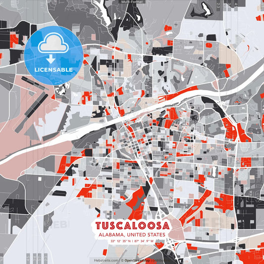 Tuscaloosa, Alabama, United States - modern street map poster template with gray and red tones