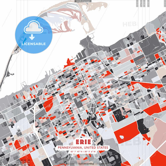 Erie, Pennsylvania, United States - modern street map poster template with gray and red tones