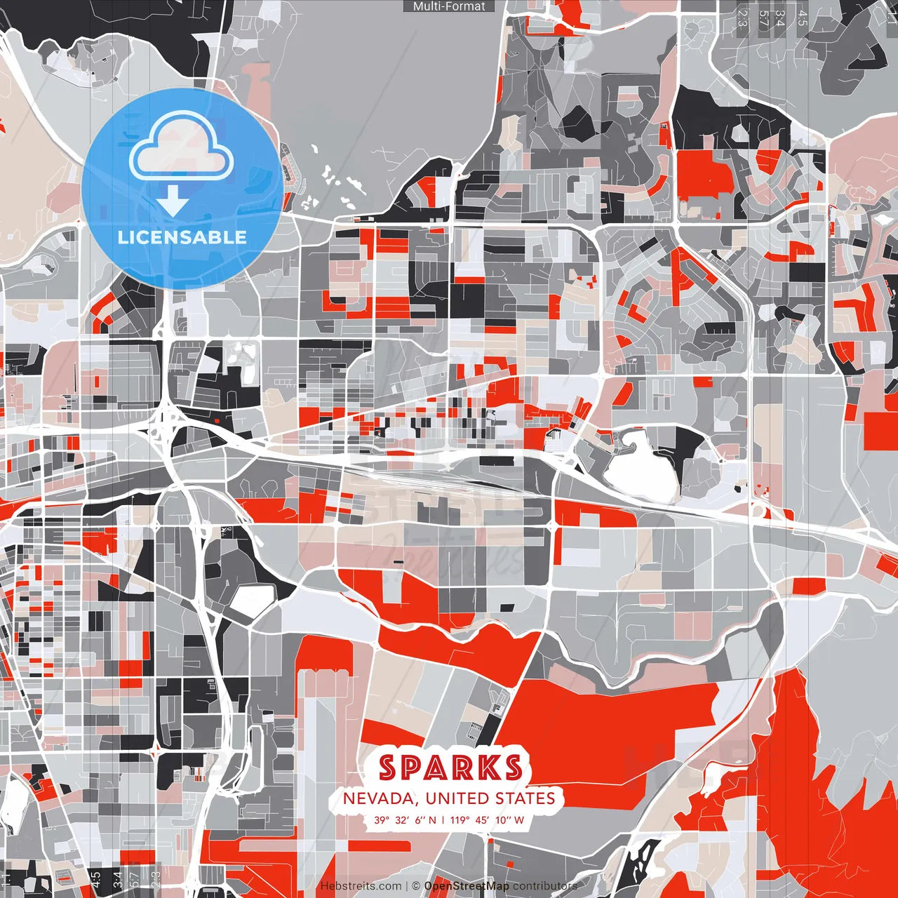 Sparks, Nevada, United States - modern street map poster template with gray and red tones