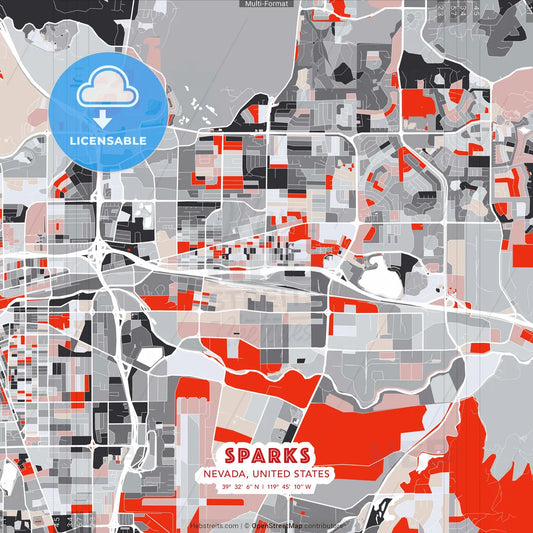 Sparks, Nevada, United States - modern street map poster template with gray and red tones