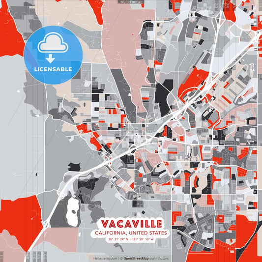 Vacaville, California, United States - modern street map poster template with gray and red tones