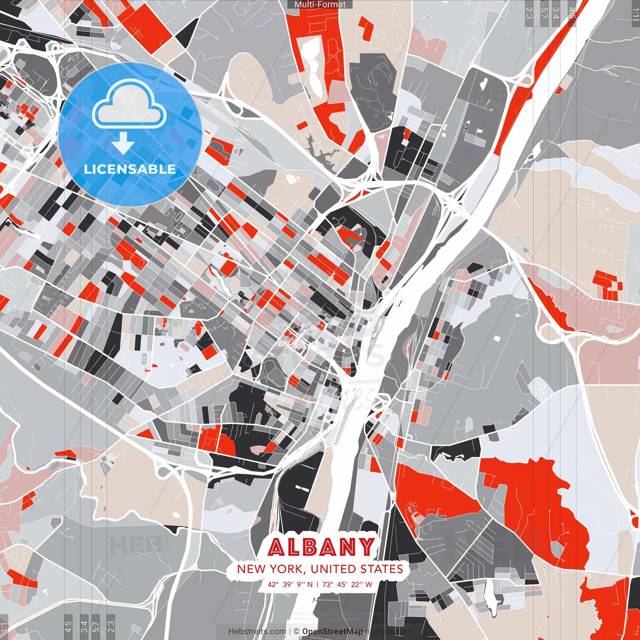 Albany, New York, United States - modern street map poster template with gray and red tones