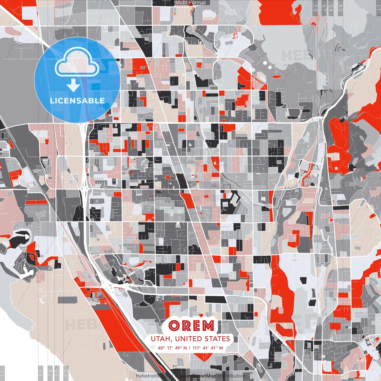 Orem, Utah, United States - modern street map poster template with gray and red tones