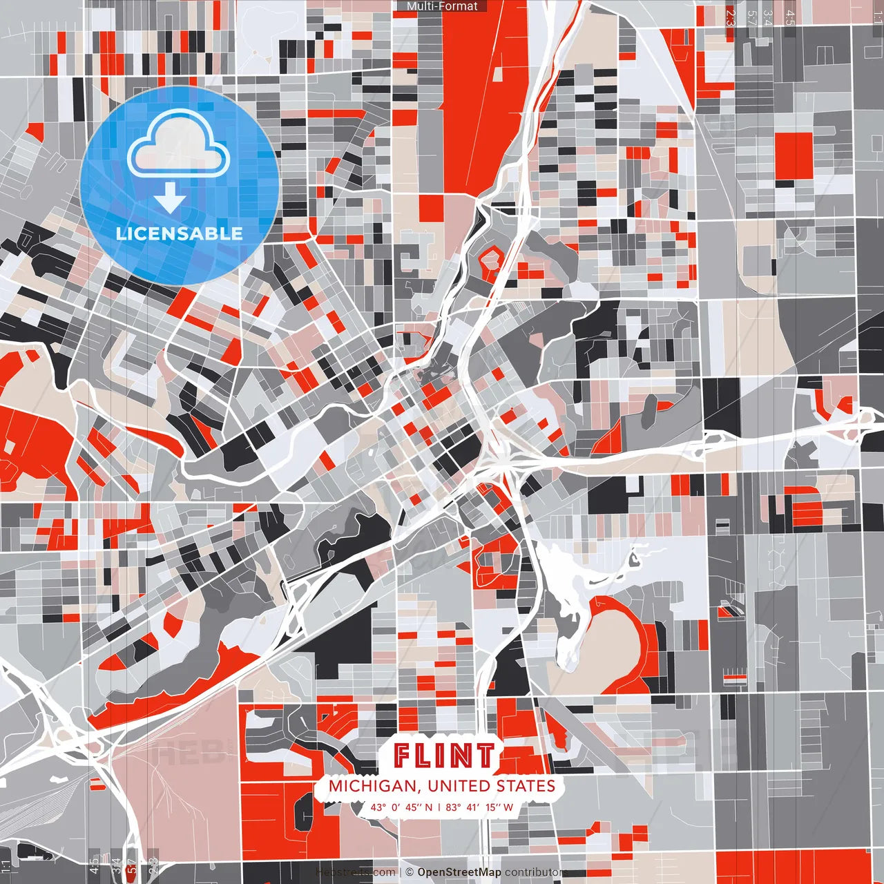 Flint, Michigan, United States - modern street map poster template with gray and red tones