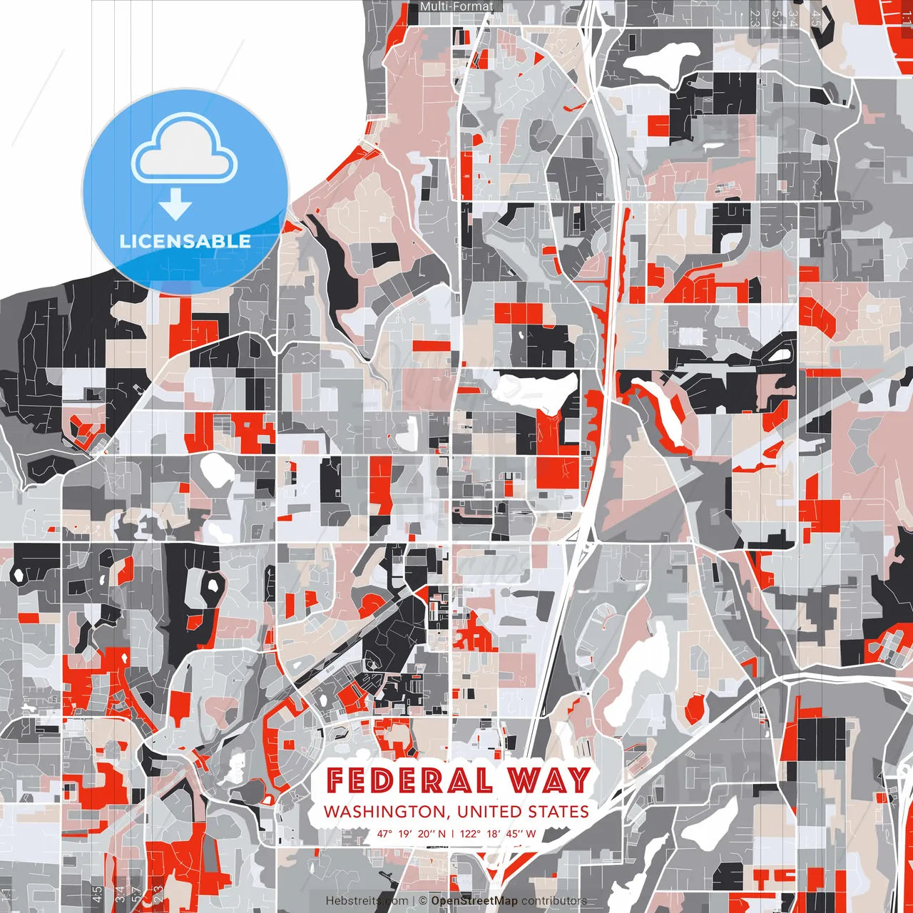 Federal Way, Washington, United States - modern street map poster template with gray and red tones