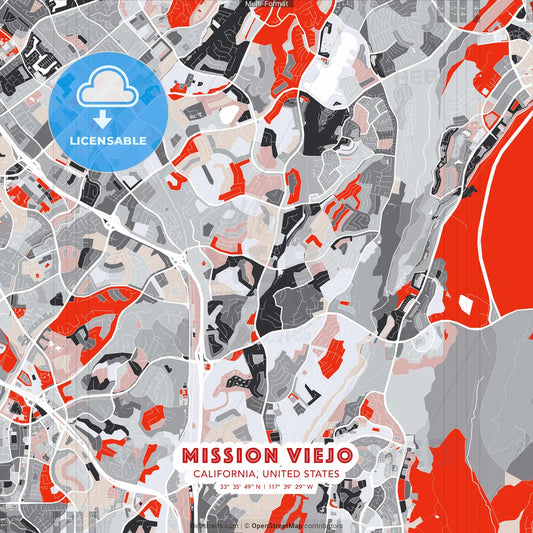 Mission Viejo, California, United States - modern street map poster template with gray and red tones
