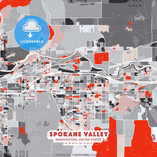 Spokane Valley, Washington, United States - modern street map poster template with gray and red tones