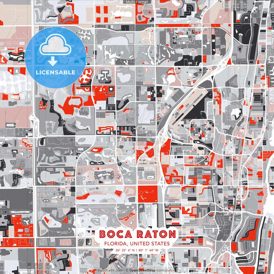 Boca Raton, Florida, United States - modern street map poster template with gray and red tones