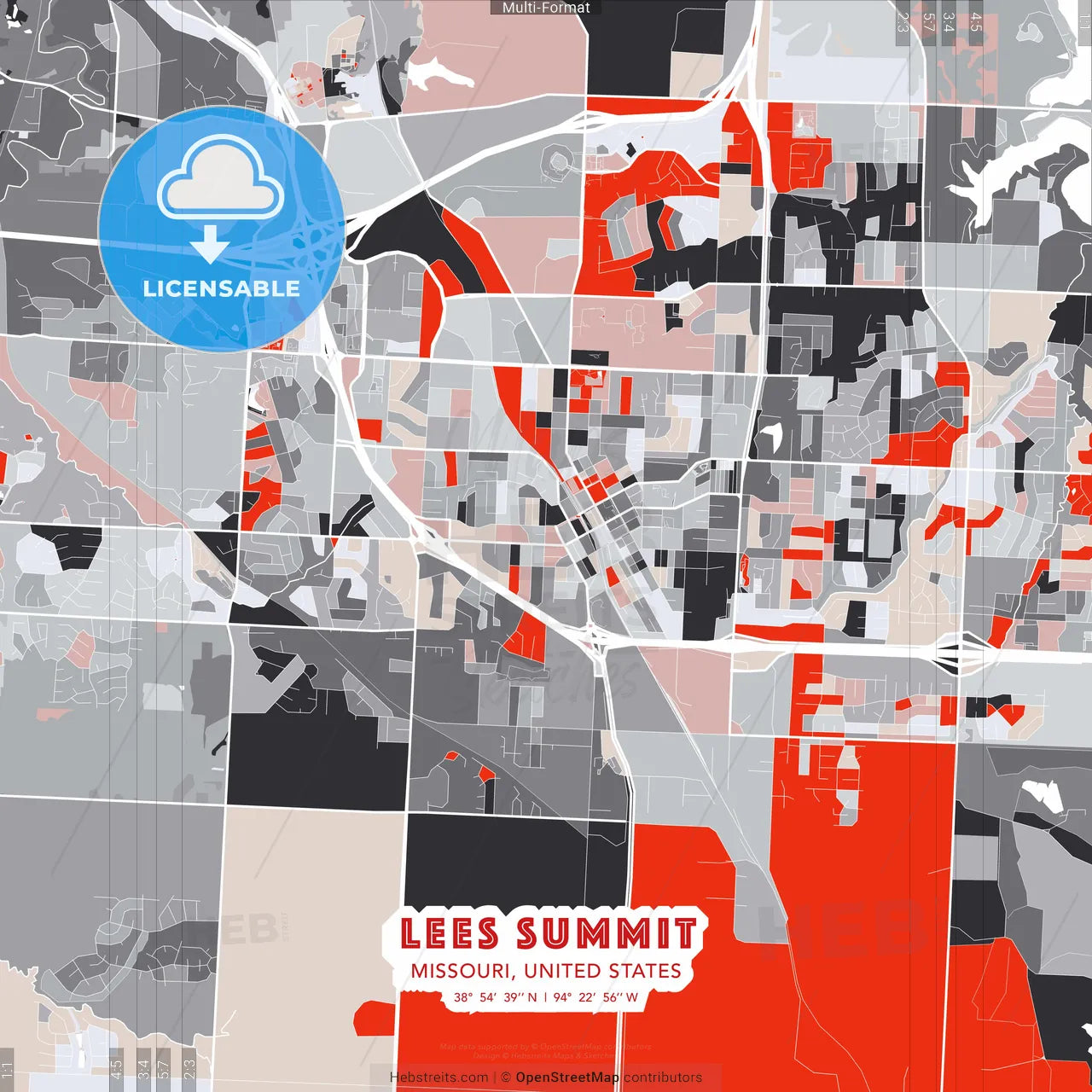 Lees Summit, Missouri, United States - modern street map poster template with gray and red tones