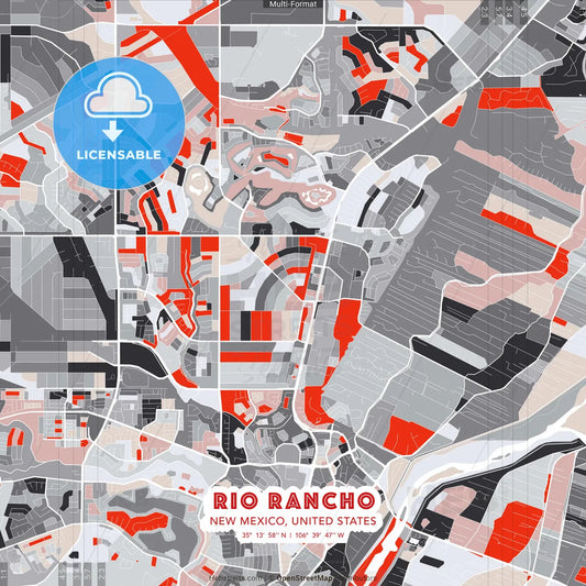 Rio Rancho, New Mexico, United States - modern street map poster template with gray and red tones