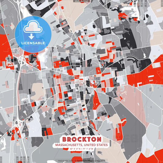 Brockton, Massachusetts, United States - modern street map poster template with gray and red tones