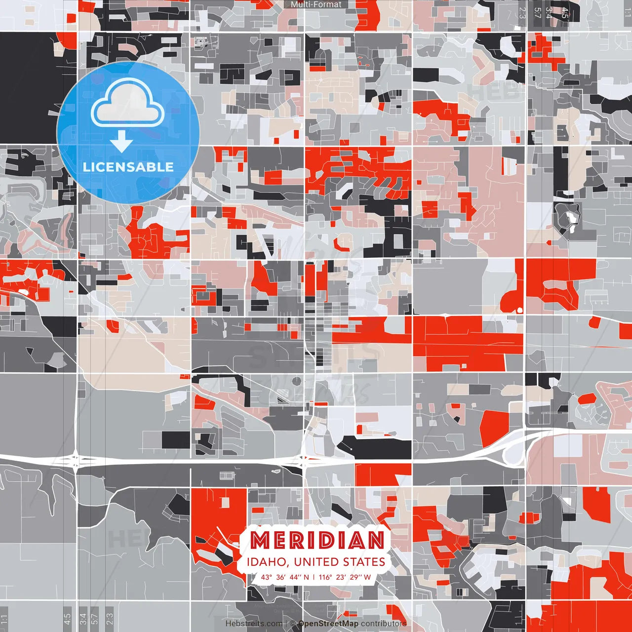 Meridian, Idaho, United States - modern street map poster template with gray and red tones