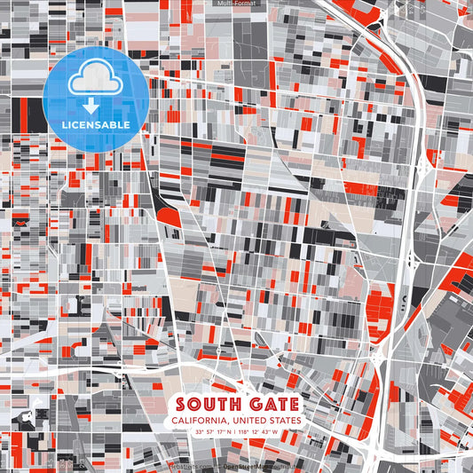 South Gate, California, United States - modern street map poster template with gray and red tones