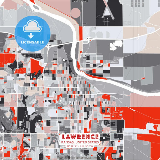 Lawrence, Kansas, United States - modern street map poster template with gray and red tones