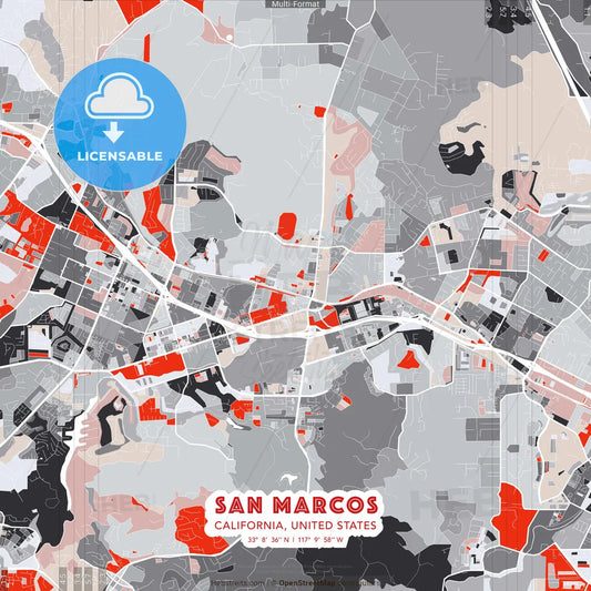 San Marcos, California, United States - modern street map poster template with gray and red tones