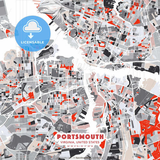Portsmouth, Virginia, United States - modern street map poster template with gray and red tones