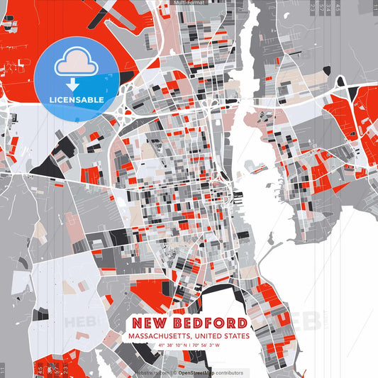 New Bedford, Massachusetts, United States - modern street map poster template with gray and red tones