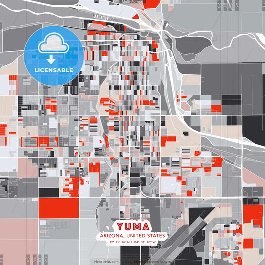 Yuma, Arizona, United States - modern street map poster template with gray and red tones