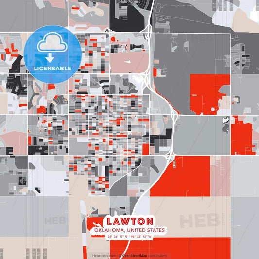 Lawton, Oklahoma, United States - modern street map poster template with gray and red tones