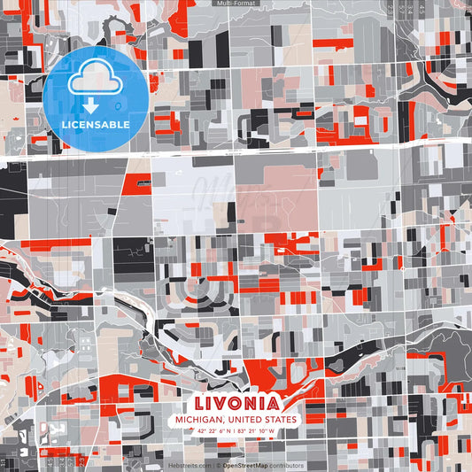 Livonia, Michigan, United States - modern street map poster template with gray and red tones