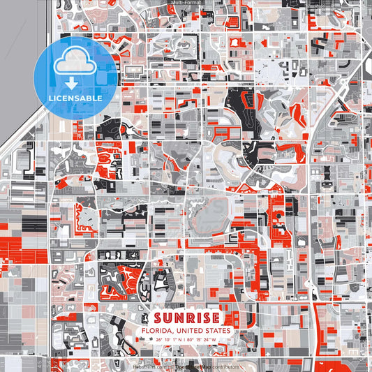Sunrise, Florida, United States - modern street map poster template with gray and red tones