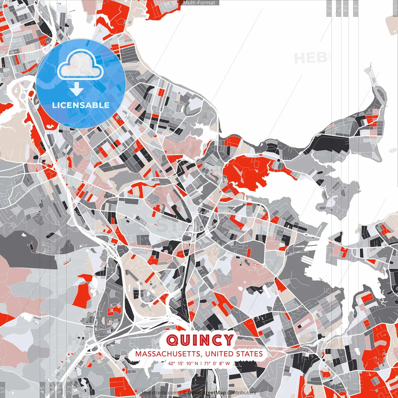 Quincy, Massachusetts, United States - modern street map poster template with gray and red tones