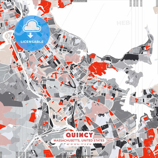 Quincy, Massachusetts, United States - modern street map poster template with gray and red tones
