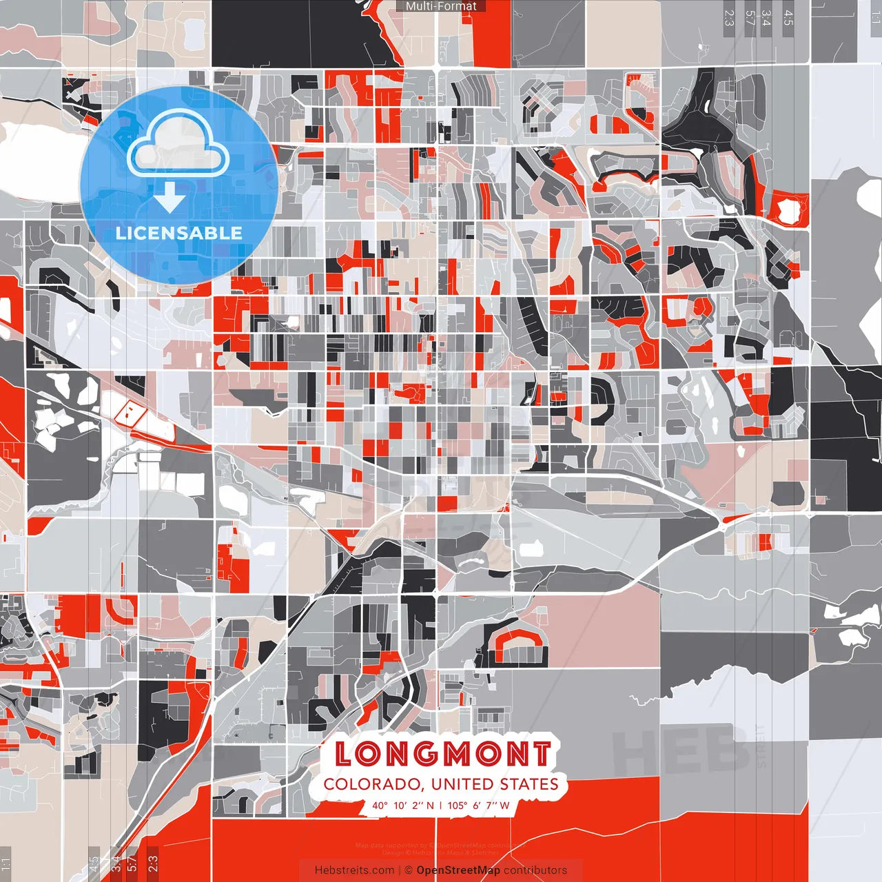 Longmont, Colorado, United States - modern street map poster template with gray and red tones