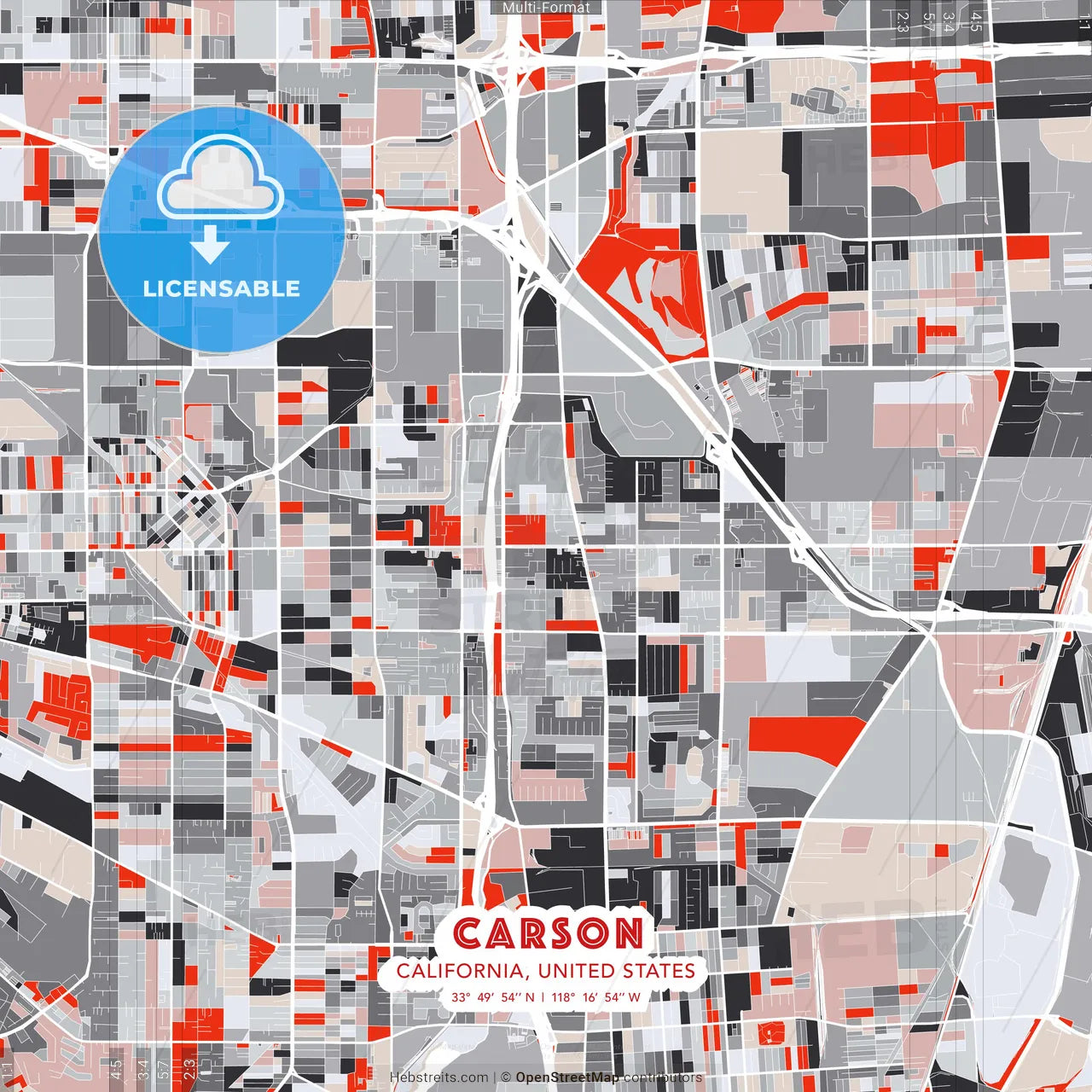 Carson, California, United States - modern street map poster template with gray and red tones