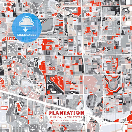 Plantation, Florida, United States - modern street map poster template with gray and red tones