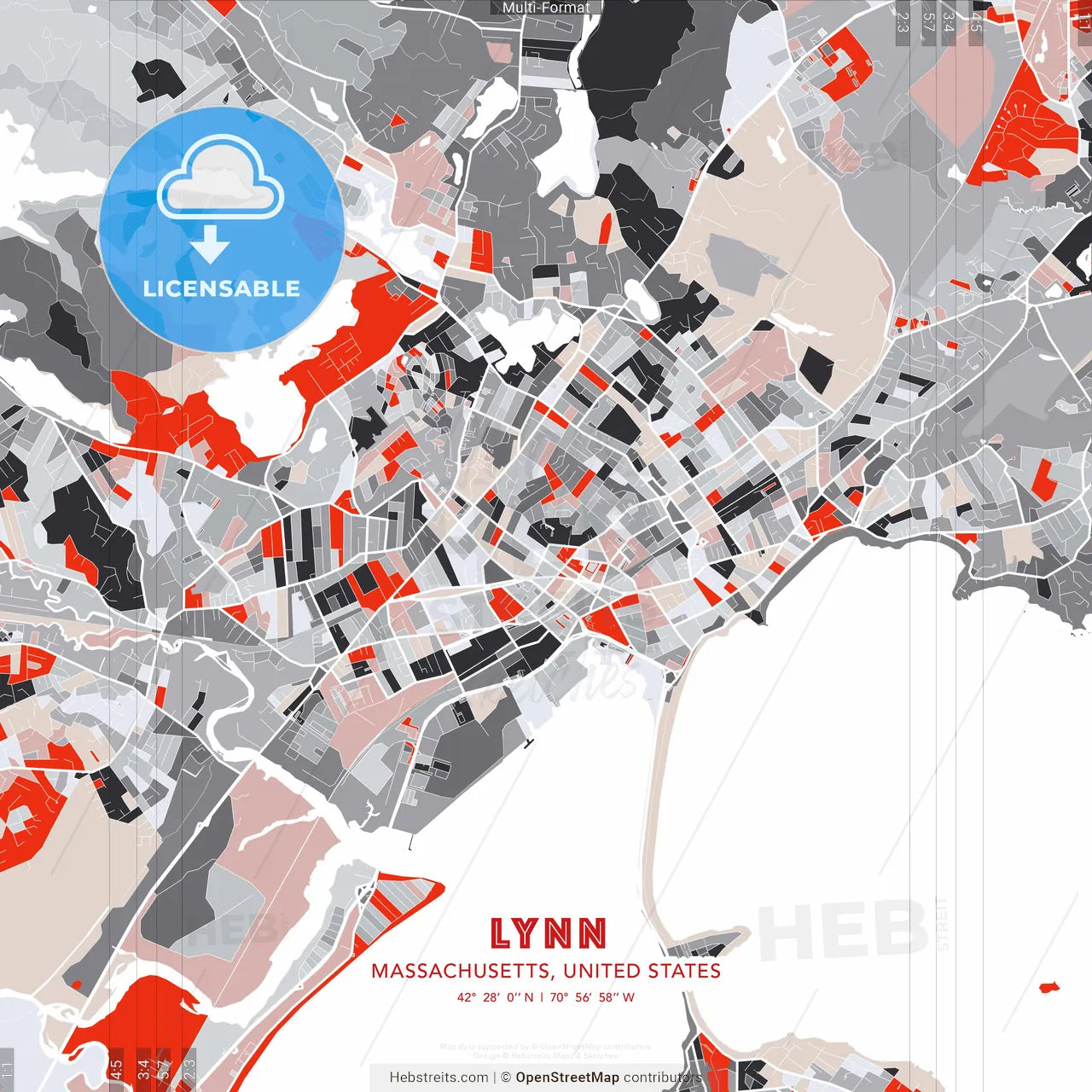 Lynn, Massachusetts, United States - modern street map poster template with gray and red tones
