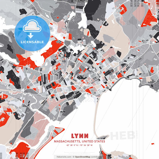 Lynn, Massachusetts, United States - modern street map poster template with gray and red tones