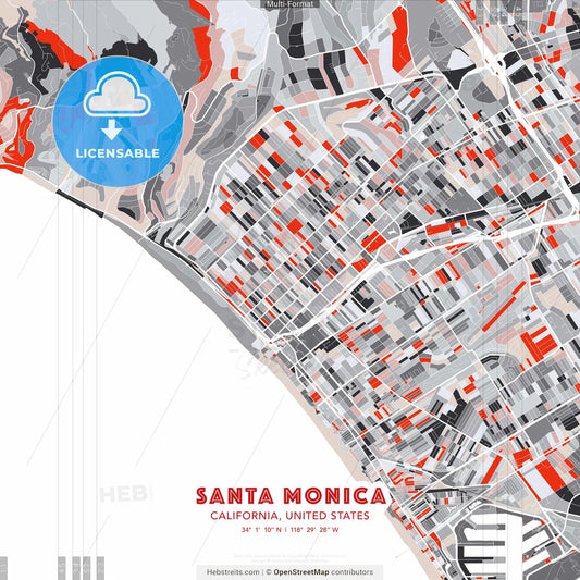 Santa Monica, California, United States - modern street map poster template with gray and red tones