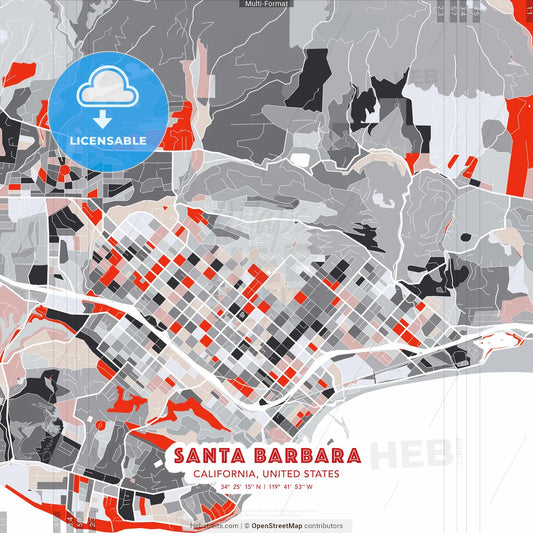 Santa Barbara, California, United States - modern street map poster template with gray and red tones