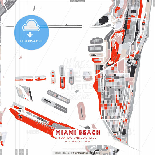 Miami Beach, Florida, United States - modern street map poster template with gray and red tones