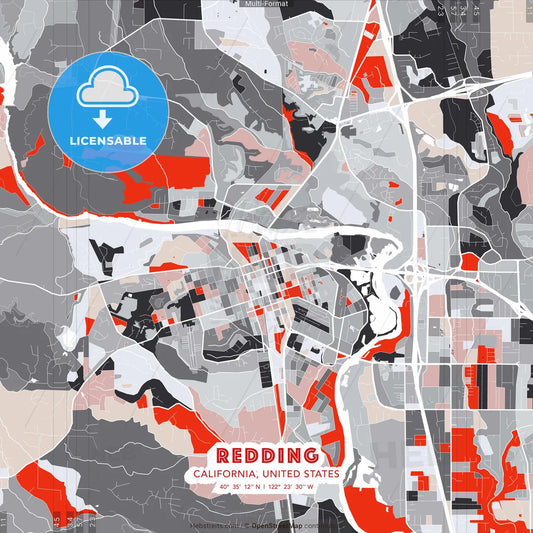 Redding, California, United States - modern street map poster template with gray and red tones