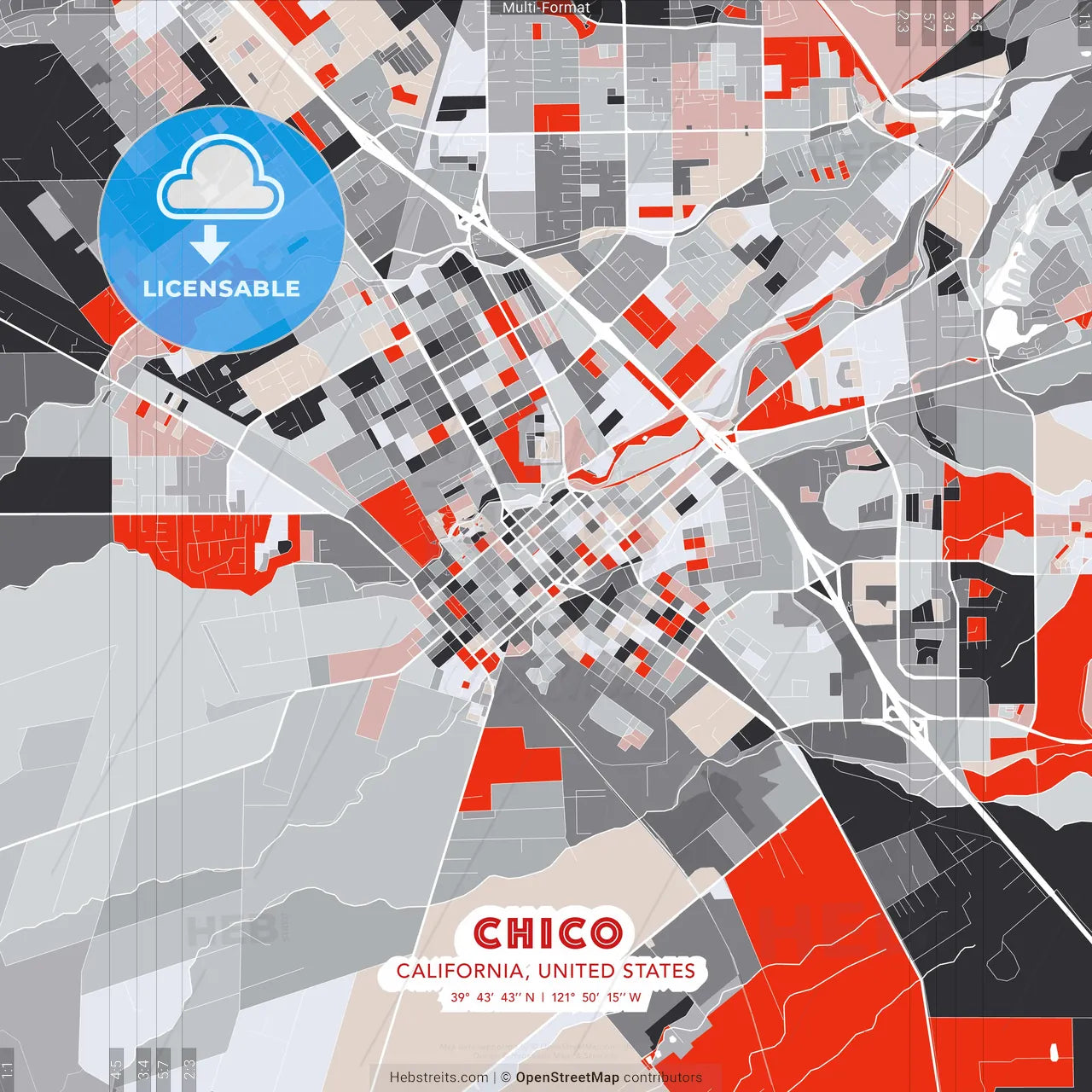 Chico, California, United States - modern street map poster template with gray and red tones