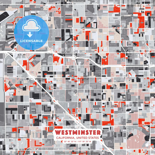 Westminster, California, United States - modern street map poster template with gray and red tones