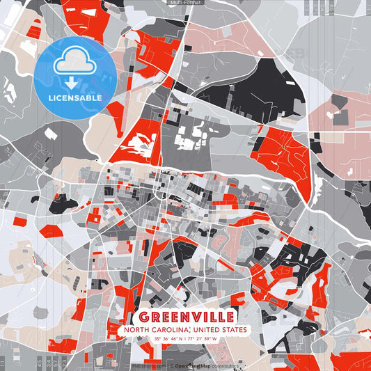Greenville, North Carolina, United States - modern street map poster template with gray and red tones
