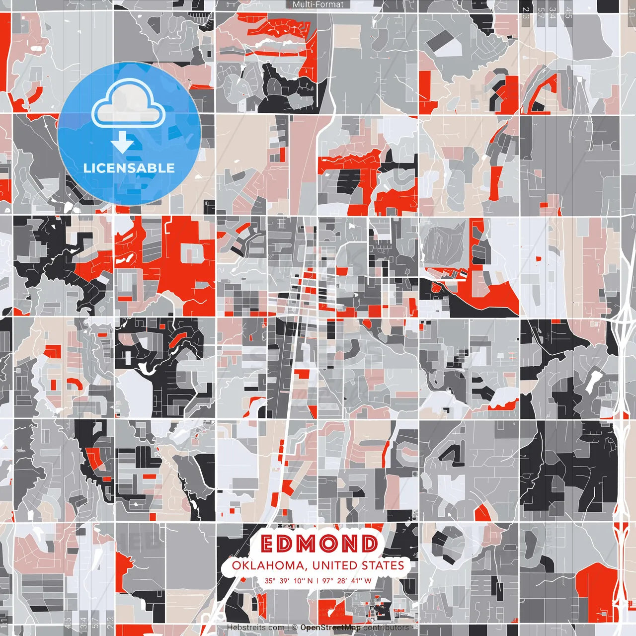 Edmond, Oklahoma, United States - modern street map poster template with gray and red tones