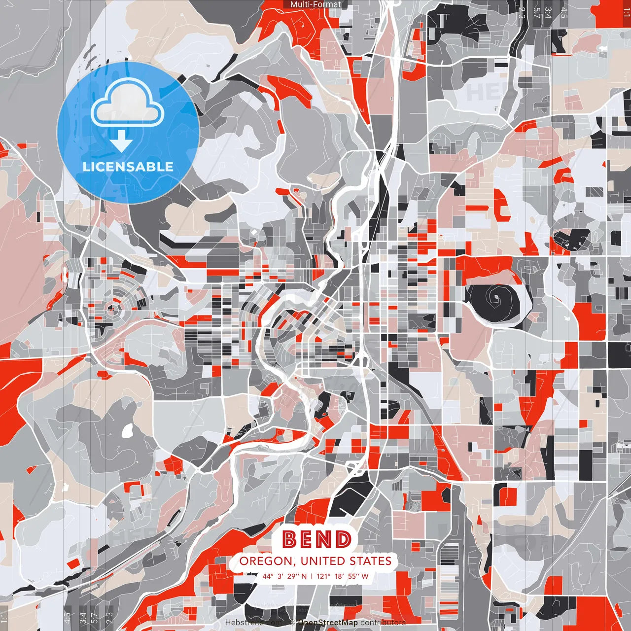 Bend, Oregon, United States - modern street map poster template with gray and red tones
